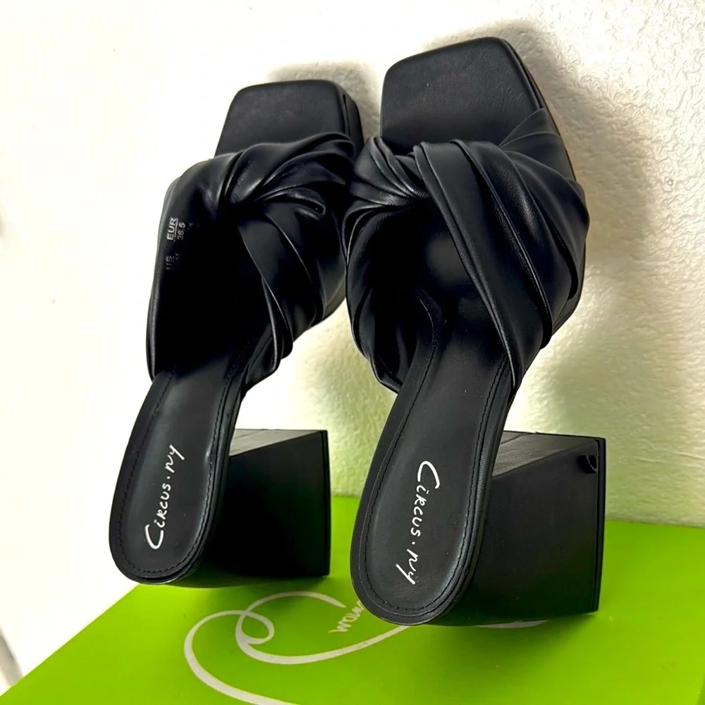 SAM EDELMAN Circus Marianna Black Size 6 1/2 Open Toe Block Heel Slide Sandals